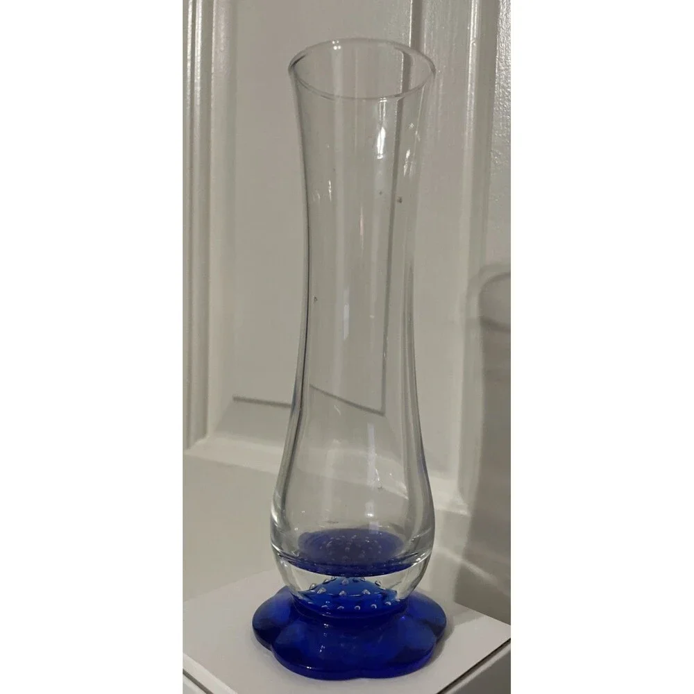 Bormioli Rocco Italy, Blown Glass Vase, Blue Flower Shaped Foot